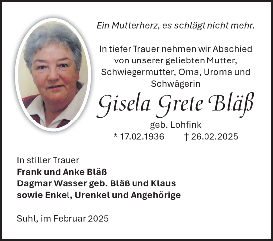 Traueranzeige von Gisela Grete Bläß von Südthüringer Presse