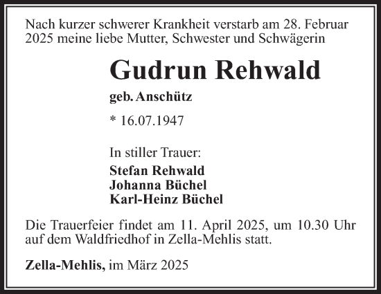 Traueranzeige von Gudrun Rehwald von Südthüringer Presse
