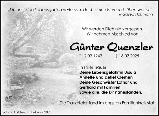 Traueranzeige von Günter Quenzler von Südthüringer Presse