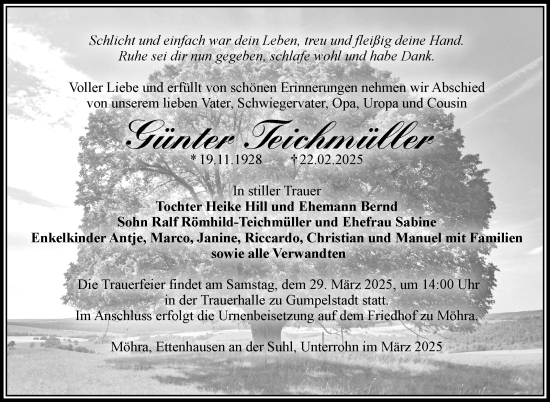 Traueranzeige von Günter Teichmüller von Südthüringer Presse