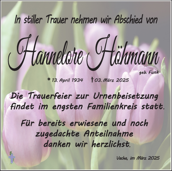 Traueranzeige von Hannelore Höhmann von Südthüringer Presse