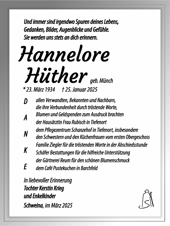 Traueranzeige von Hannelore Hüther von Südthüringer Presse