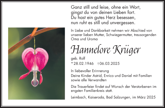 Traueranzeige von Hannelore Krüger von Südthüringer Presse