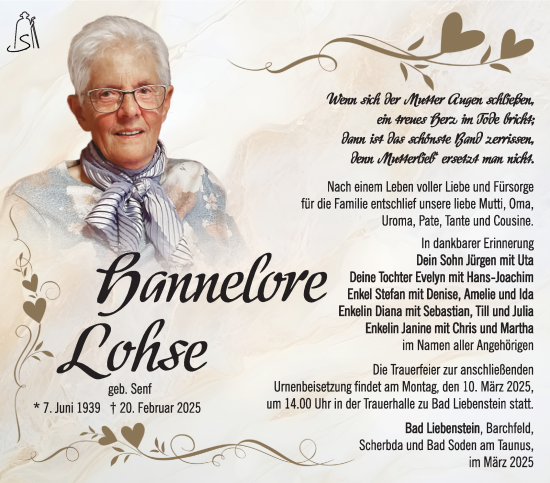 Traueranzeige von Hannelore Lohse von Südthüringer Presse