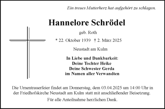 Traueranzeige von Hannelore Schrödel von Frankenpost