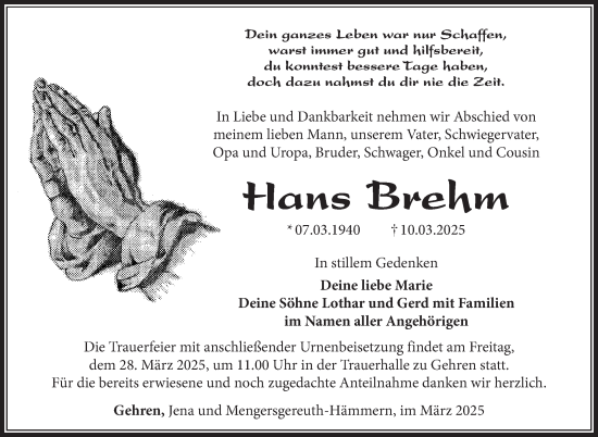 Traueranzeige von Hans Brehm von Südthüringer Presse
