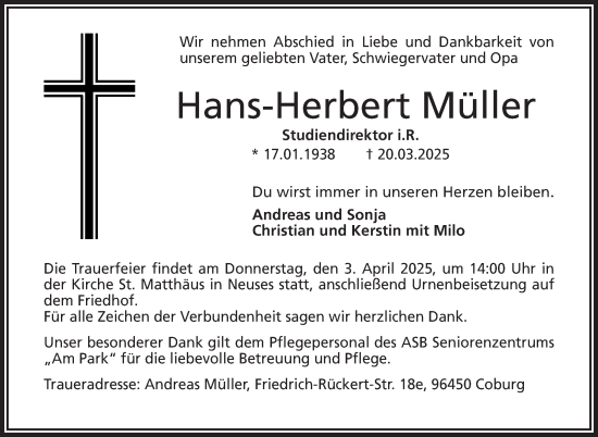 Traueranzeige von Hans-Herbert Müller von Neue Presse Coburg