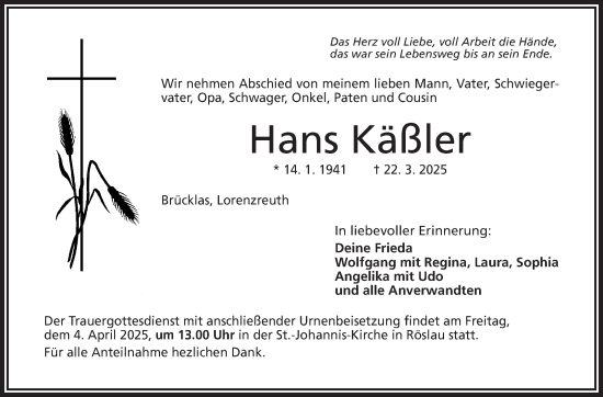 Traueranzeige von Hans Käßler von Frankenpost