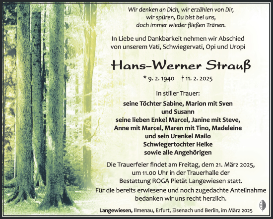 Traueranzeige von Hans-Werner Strauß von Südthüringer Presse