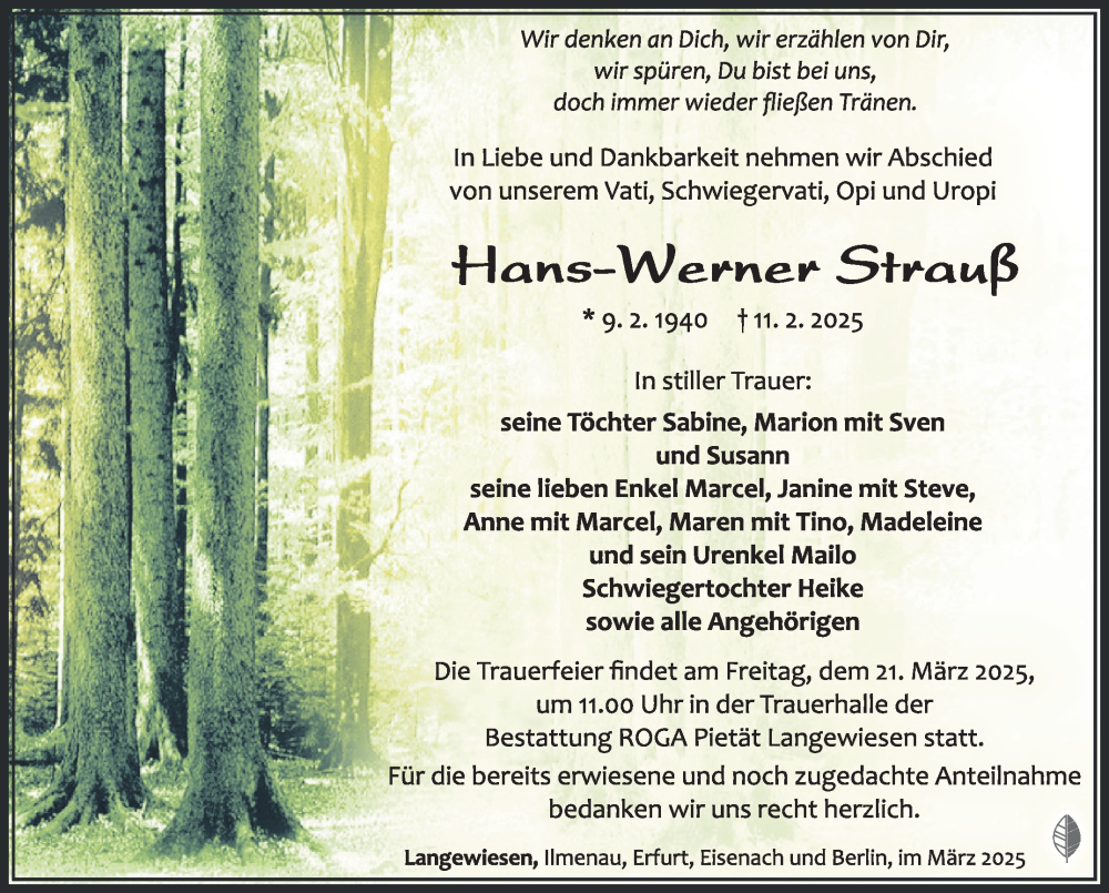  Traueranzeige für Hans-Werner Strauß vom 15.03.2025 aus Südthüringer Presse