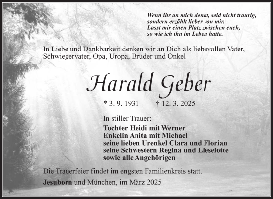 Traueranzeige von Harald Geber von Südthüringer Presse