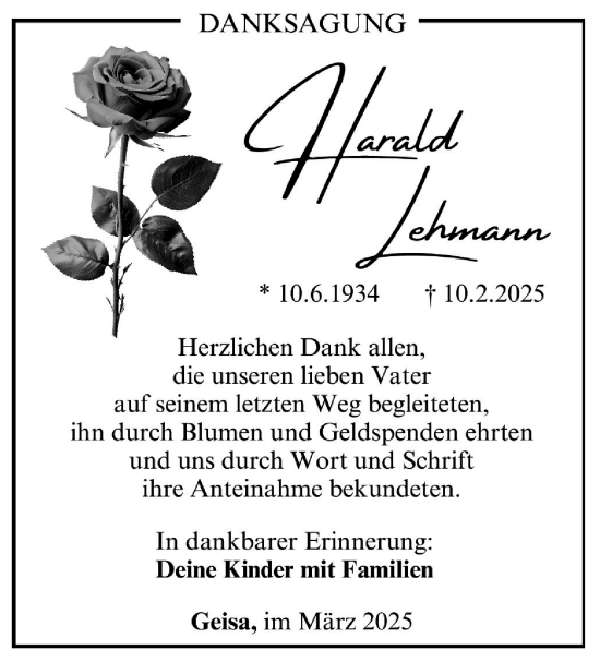 Traueranzeige von Harald Lehmann von Südthüringer Presse