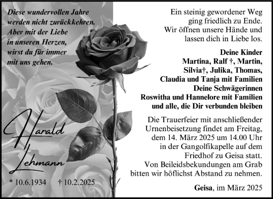 Traueranzeige von Harald Lehmann von Südthüringer Presse