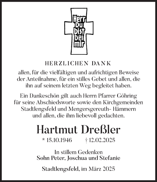 Traueranzeige von Hartmut Dreßler von Südthüringer Presse