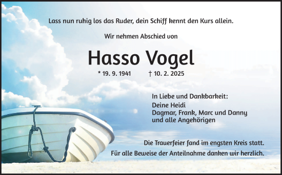 Traueranzeige von Hasso Vogel von Frankenpost