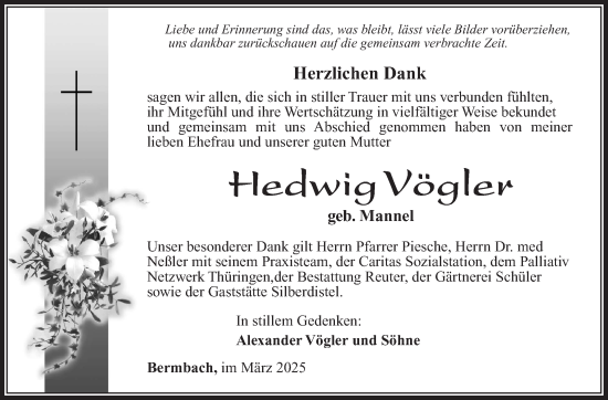 Traueranzeige von Hedwig Vögler von Südthüringer Presse