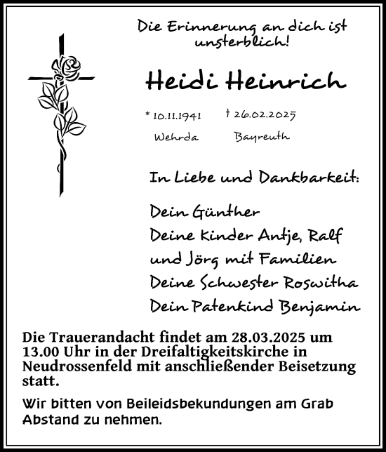 Traueranzeige von Heidi Heinrich von Frankenpost