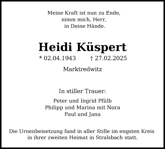 Traueranzeige von Heidi Küspert von Frankenpost