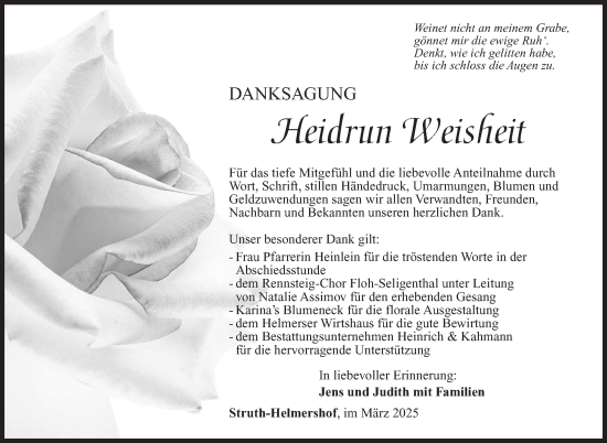 Traueranzeige von Heidrun Weisheit von Südthüringer Presse