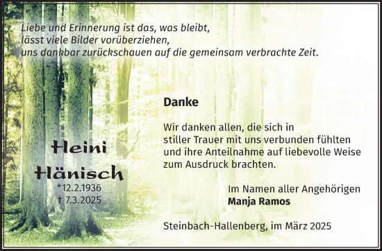 Traueranzeige von Heini Hänisch von Südthüringer Presse