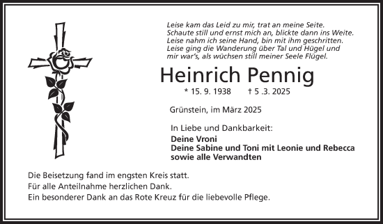 Traueranzeige von Heinrich Pennig von Frankenpost