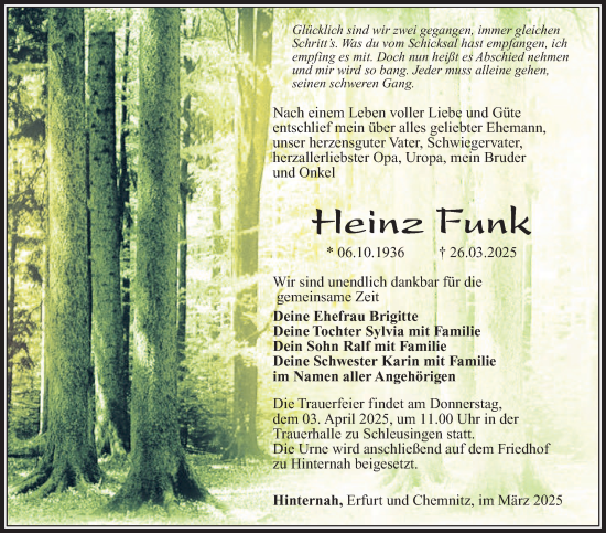 Traueranzeige von Heinz Funk von Südthüringer Presse