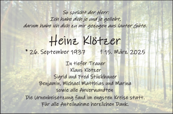 Traueranzeige von Heinz Klötzer von Frankenpost