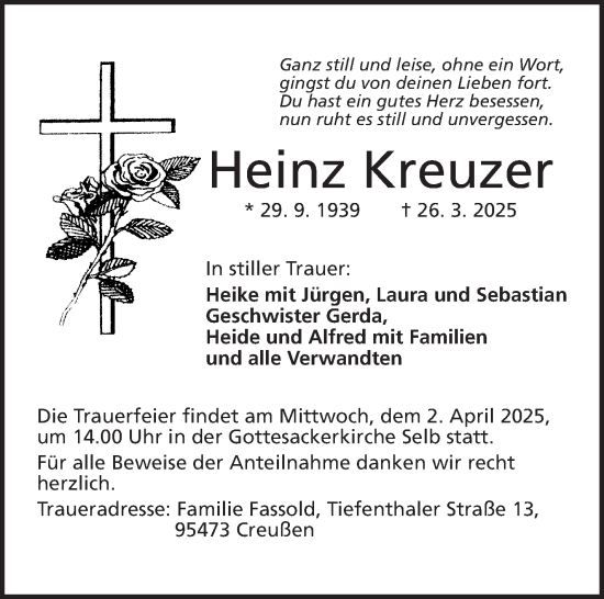 Traueranzeige von Heinz Kreuzer von Frankenpost