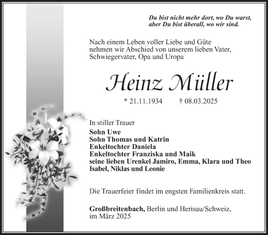 Traueranzeige von Heinz Müller von Südthüringer Presse
