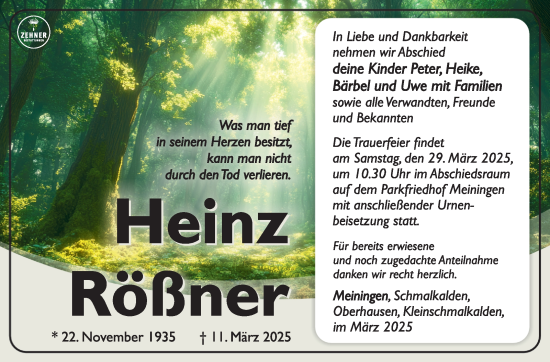 Traueranzeige von Heinz Rößner von Südthüringer Presse