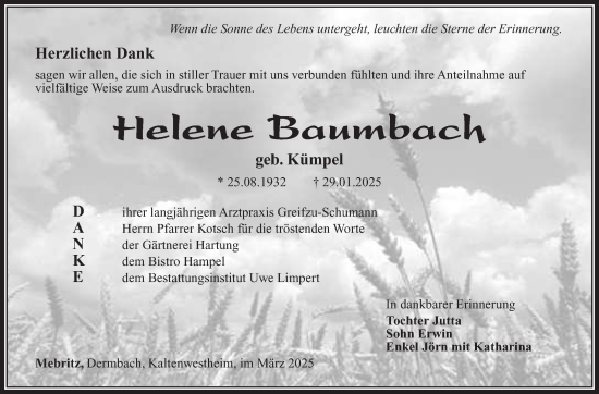 Traueranzeige von Helene Baumbach von Südthüringer Presse