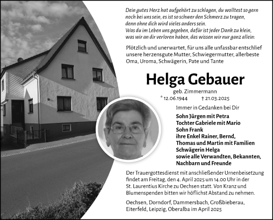 Traueranzeige von Helga Gebauer von Südthüringer Presse