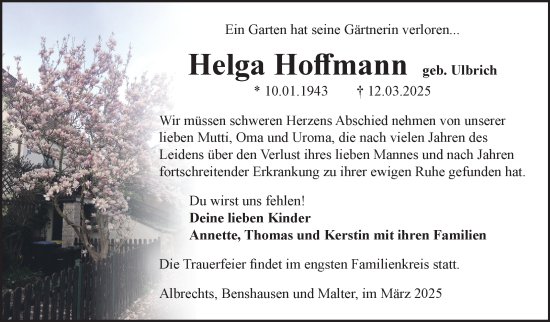 Traueranzeige von Helga Hoffmann von Südthüringer Presse