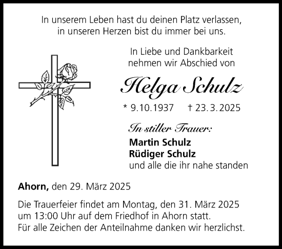 Traueranzeige von Helga Schulz von Neue Presse Coburg