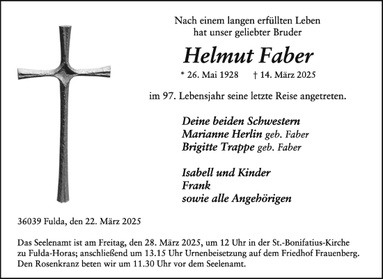 Traueranzeige von Helmut Faber von Südthüringer Presse