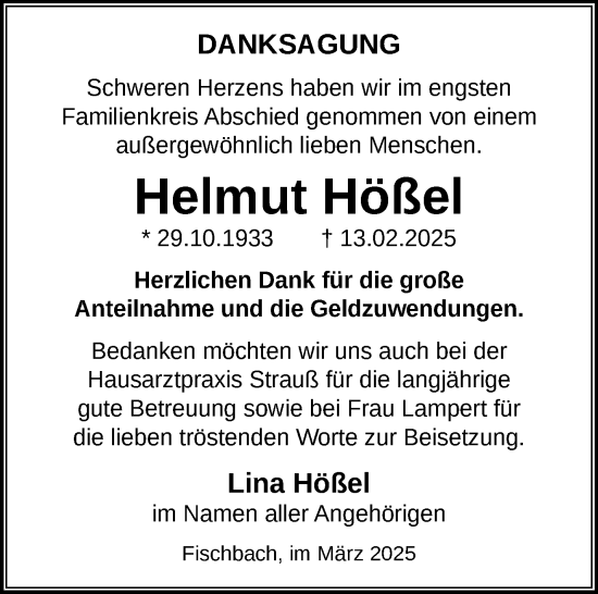 Traueranzeige von Helmut Hößel von Südthüringer Presse