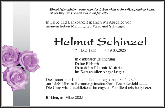 Traueranzeige von Helmut Schinzel von Südthüringer Presse