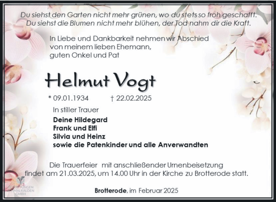 Traueranzeige von Helmut Vogt von Südthüringer Presse