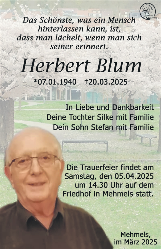 Traueranzeige von Herbert Blum von Südthüringer Presse