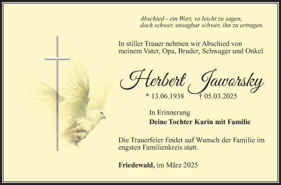 Traueranzeige von Herbert Jaworsky von Südthüringer Presse