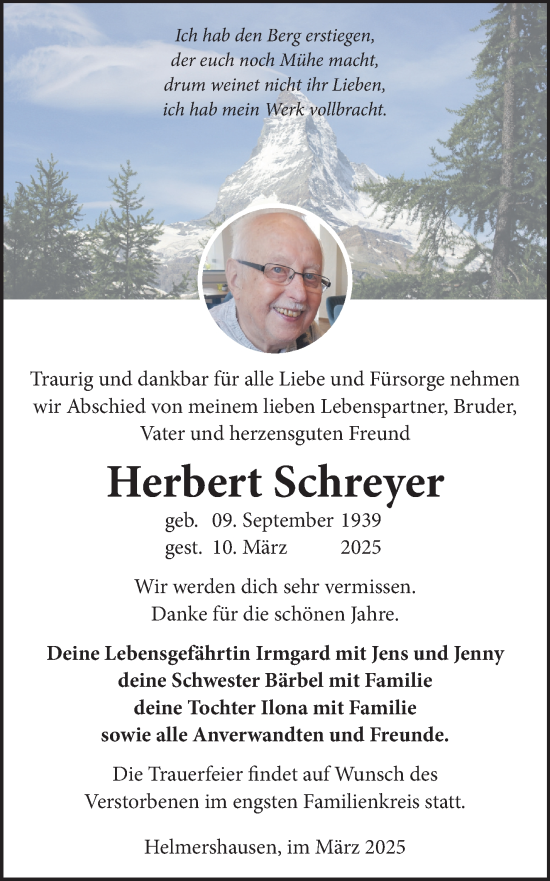 Traueranzeige von Herbert Schreyer von Südthüringer Presse
