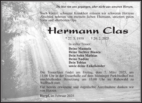 Traueranzeige von Hermann Clas von Südthüringer Presse