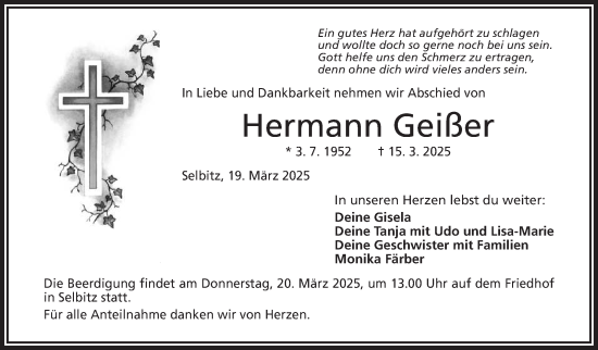 Traueranzeige von Hermann Geißer von Frankenpost