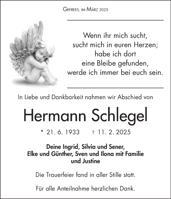 Traueranzeige von Hermann Schlegel von Frankenpost