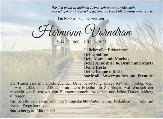 Traueranzeige von Hermann Vorndran von Südthüringer Presse