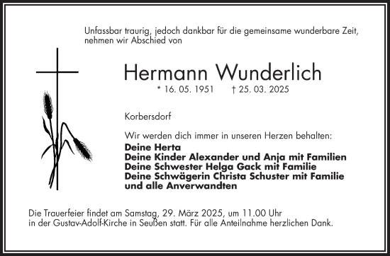 Traueranzeige von Hermann Wunderlich von Frankenpost