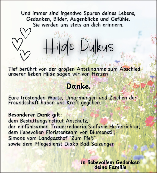 Traueranzeige von Hilde Dulkus von Südthüringer Presse