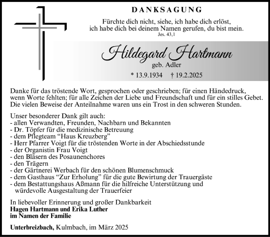 Traueranzeige von Hildegard Hartmann von Südthüringer Presse