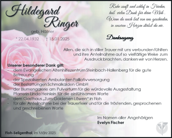 Traueranzeige von Hildegard Ringer von Südthüringer Presse