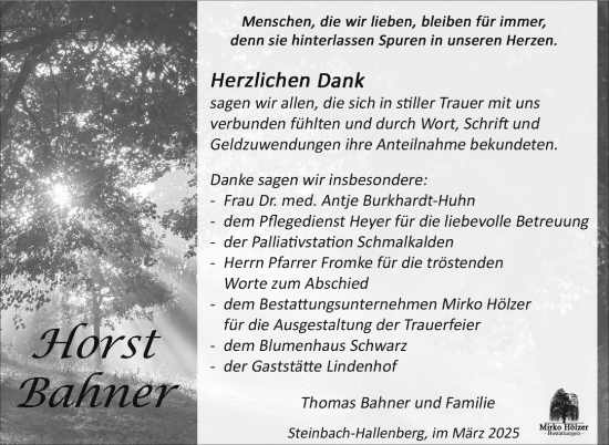 Traueranzeige von Horst Bahner von Südthüringer Presse